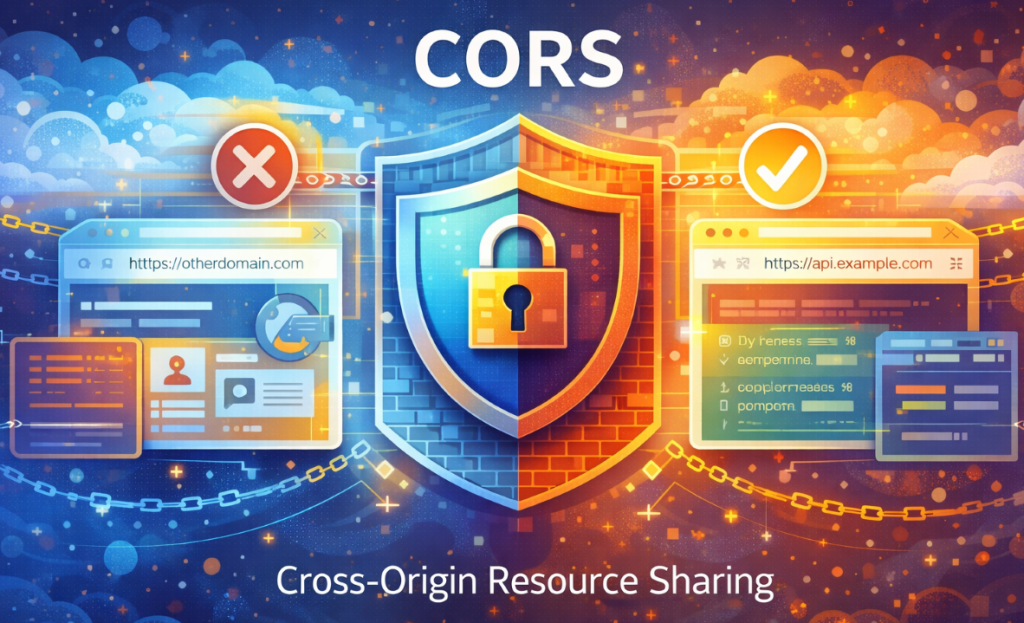 Illustration explaining CORS cross origin resource sharing with browser security and allowed versus blocked domains