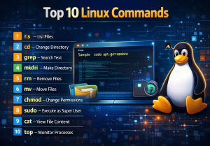 List of essential Linux commands for developers including ls, cd, grep, mkdir, chmod, and sudo