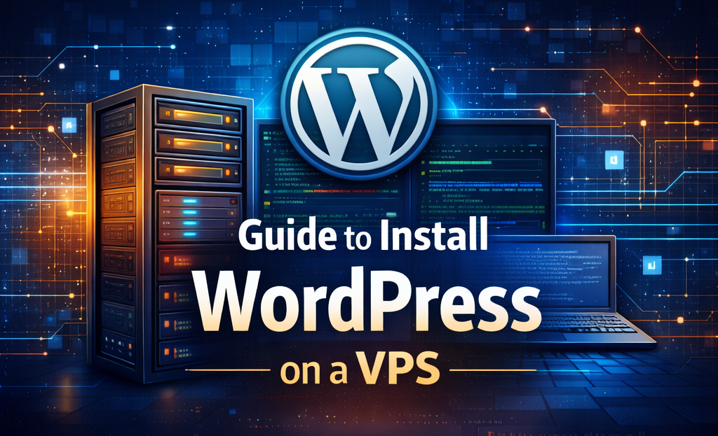 Guide to install WordPress on a VPS showing WordPress logo with server and VPS hosting setup