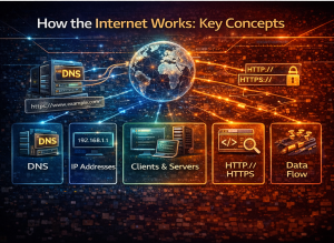 Internet request response flow illustrating DNS lookup HTTP request server processing and browser rendering
