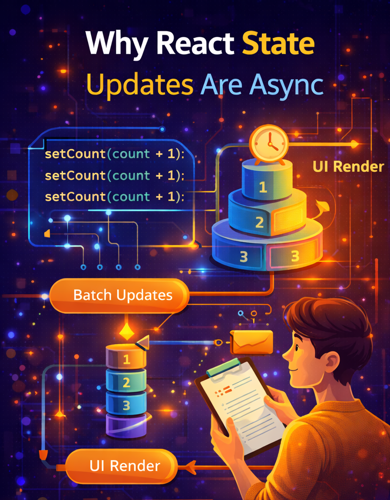 Illustration showing how React handles asynchronous state updates and schedules component re-renders