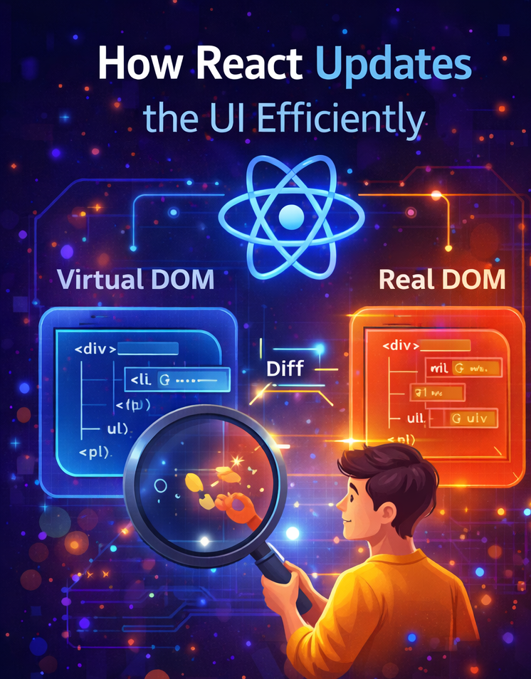 Illustration showing how React uses the Virtual DOM to efficiently update the user interface
