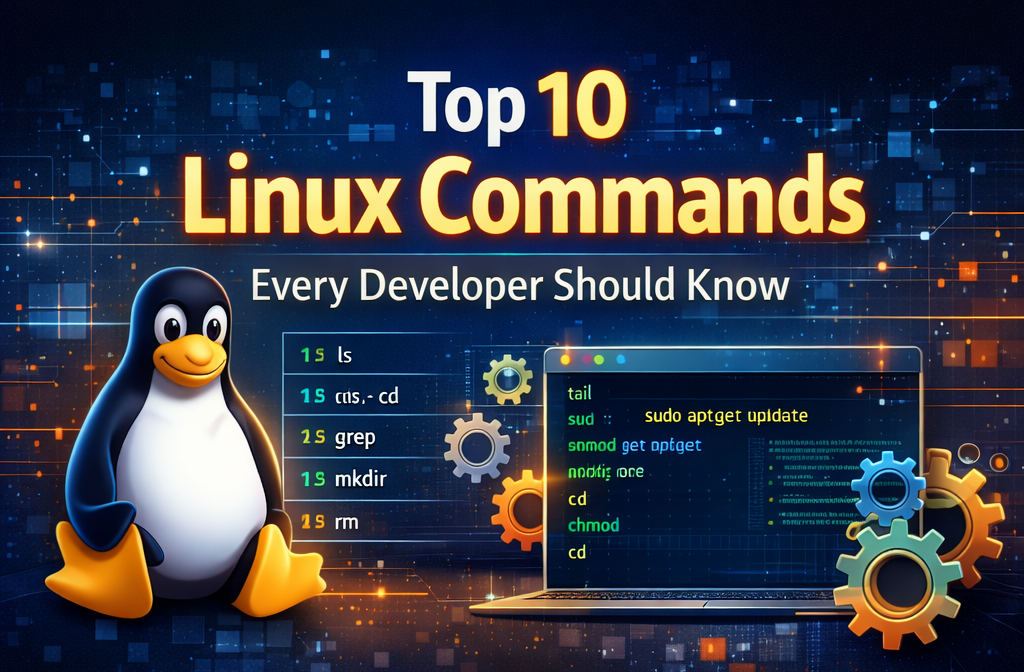 Top 10 Linux commands every developer should know with terminal and Linux mascot illustration