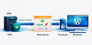 WordPress installation on a VPS showing web server, database, and browser flow